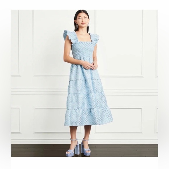 🔥NWT Hill House Blue Snowflake Brocade Smocked Dress - Picture 2 of 10